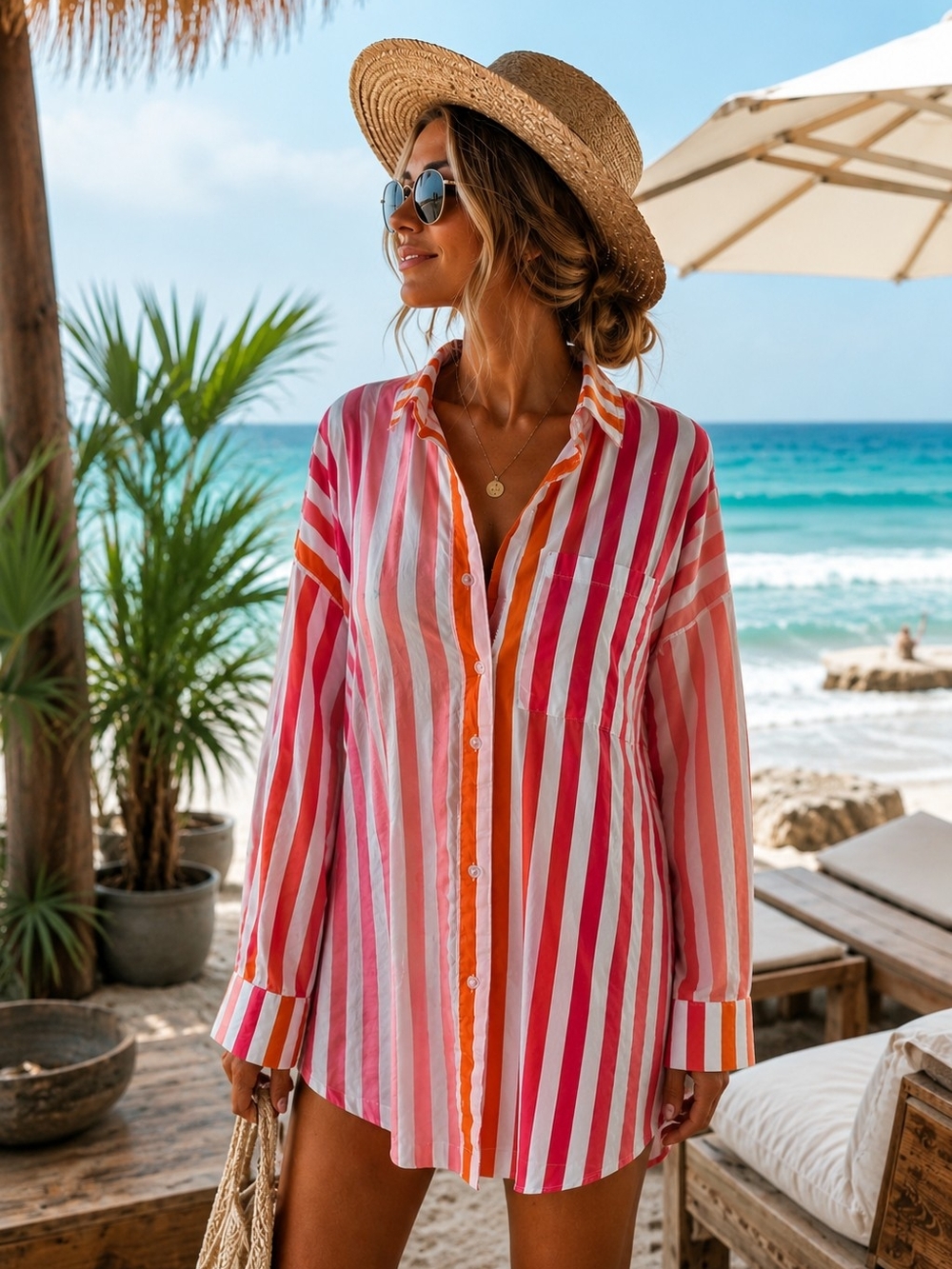 Beach Riot Pink, White & Orange Striped Button-Down Shirt